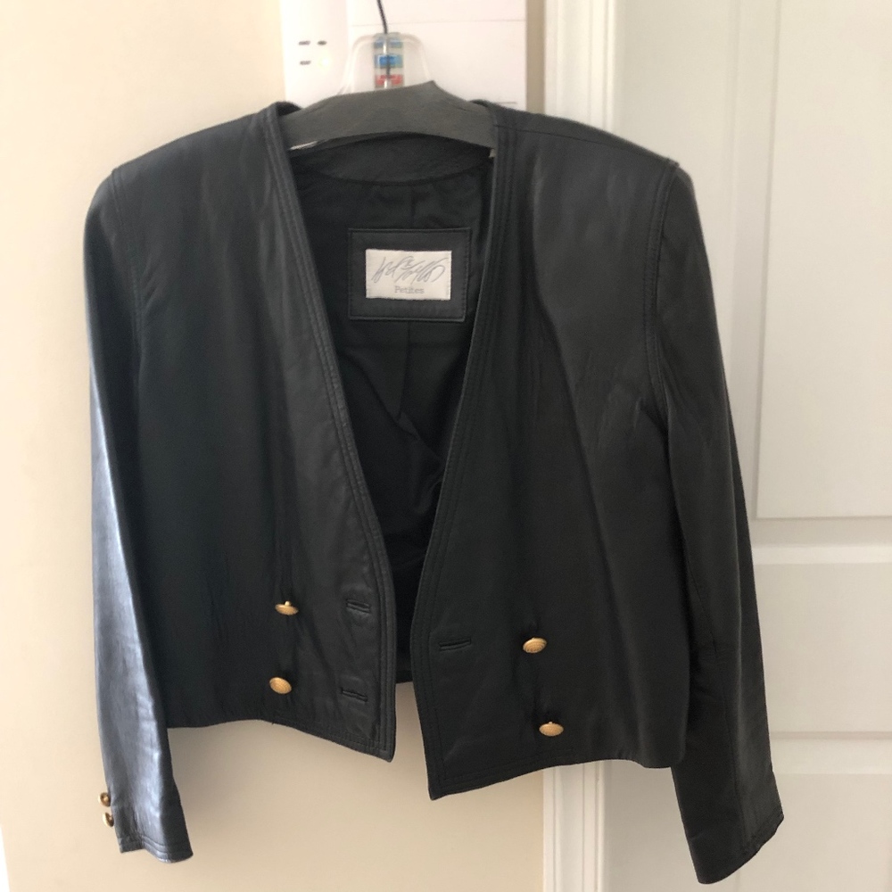 Black Leather Crop Jacket with Gold Buttons